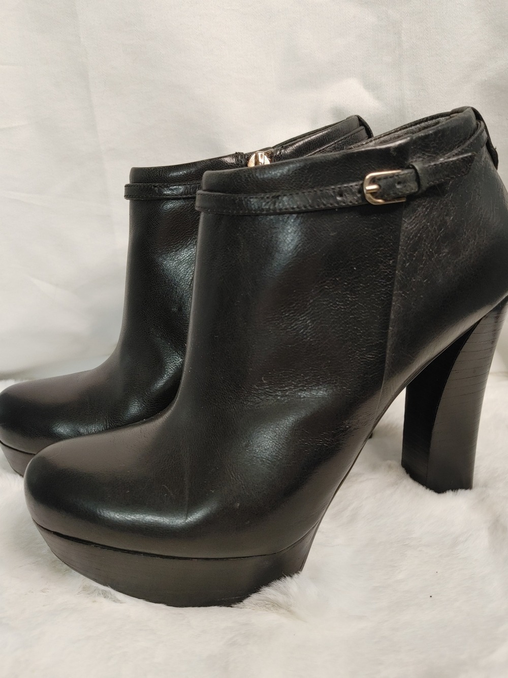 Guess Black Leather Platform Ankle Booties with Buckle Accent